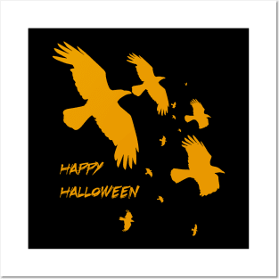 Happy Halloween Crows In Flight Vector Orange Posters and Art